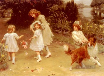  Children Oil Painting - Love At First Sight idyllic children Arthur John Elsley